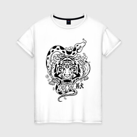 Женская футболка хлопок с принтом тигр и змея  в Тюмени, 100% хлопок | прямой крой, круглый вырез горловины, длина до линии бедер, слегка спущенное плечо | tatoo | ботаника | змея | иероглифы | тату | тигр | тренд | цветок