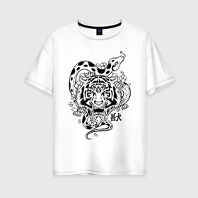 Женская футболка хлопок Oversize с принтом тигр и змея  в Тюмени, 100% хлопок | свободный крой, круглый ворот, спущенный рукав, длина до линии бедер
 | tatoo | ботаника | змея | иероглифы | тату | тигр | тренд | цветок