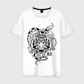 Мужская футболка хлопок с принтом тигр и змея  в Тюмени, 100% хлопок | прямой крой, круглый вырез горловины, длина до линии бедер, слегка спущенное плечо. | tatoo | ботаника | змея | иероглифы | тату | тигр | тренд | цветок