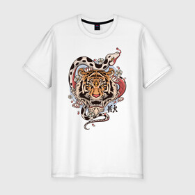 Мужская футболка хлопок Slim с принтом тигр  со змеей  в Тюмени, 92% хлопок, 8% лайкра | приталенный силуэт, круглый вырез ворота, длина до линии бедра, короткий рукав | tatoo | ботаника | змея | иероглифы | тату | тигр | тренд | цветок