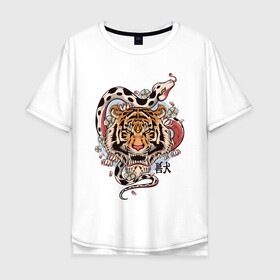 Мужская футболка хлопок Oversize с принтом тигр  со змеей  в Тюмени, 100% хлопок | свободный крой, круглый ворот, “спинка” длиннее передней части | tatoo | ботаника | змея | иероглифы | тату | тигр | тренд | цветок