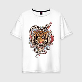 Женская футболка хлопок Oversize с принтом тигр  со змеей  в Тюмени, 100% хлопок | свободный крой, круглый ворот, спущенный рукав, длина до линии бедер
 | tatoo | ботаника | змея | иероглифы | тату | тигр | тренд | цветок