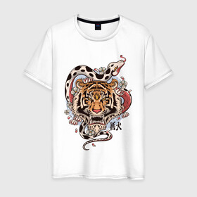 Мужская футболка хлопок с принтом тигр  со змеей  в Тюмени, 100% хлопок | прямой крой, круглый вырез горловины, длина до линии бедер, слегка спущенное плечо. | tatoo | ботаника | змея | иероглифы | тату | тигр | тренд | цветок