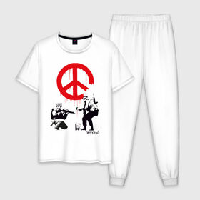 Мужская пижама хлопок с принтом Make peace no war | Banksy в Тюмени, 100% хлопок | брюки и футболка прямого кроя, без карманов, на брюках мягкая резинка на поясе и по низу штанин
 | art | banksy | street art | арт | бэнкси | граффити | со смыслом | сосмыслом | стритарт