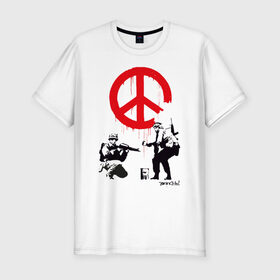 Мужская футболка хлопок Slim с принтом Make peace no war | Banksy в Тюмени, 92% хлопок, 8% лайкра | приталенный силуэт, круглый вырез ворота, длина до линии бедра, короткий рукав | art | banksy | street art | арт | бэнкси | граффити | со смыслом | сосмыслом | стритарт