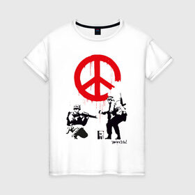 Женская футболка хлопок с принтом Make peace no war | Banksy в Тюмени, 100% хлопок | прямой крой, круглый вырез горловины, длина до линии бедер, слегка спущенное плечо | art | banksy | street art | арт | бэнкси | граффити | со смыслом | сосмыслом | стритарт