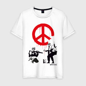 Мужская футболка хлопок с принтом Make peace no war | Banksy в Тюмени, 100% хлопок | прямой крой, круглый вырез горловины, длина до линии бедер, слегка спущенное плечо. | art | banksy | street art | арт | бэнкси | граффити | со смыслом | сосмыслом | стритарт