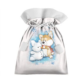 Подарочный 3D мешок с принтом Корги и снеговик в Тюмени, 100% полиэстер | Размер: 29*39 см | зима | корги | малыш | снеговик | снежинки | собака | щенок