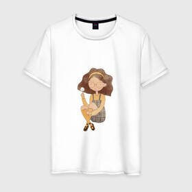 Мужская футболка хлопок с принтом Девушка с одуванчиком в Тюмени, 100% хлопок | прямой крой, круглый вырез горловины, длина до линии бедер, слегка спущенное плечо. | девочка | девочка с одуванчиком | девушка | милая девочка