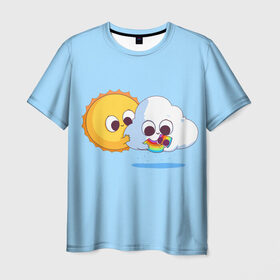 Мужская футболка 3D с принтом Ребёнок солнца и дождя в Тюмени, 100% полиэфир | прямой крой, круглый вырез горловины, длина до линии бедер | детские рисунки | дождь | облако | погода | радуга | ребёнок солнца и дождя | родители | синий фон | солнце