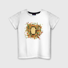 Детская футболка хлопок с принтом Осенний ежик в Тюмени, 100% хлопок | круглый вырез горловины, полуприлегающий силуэт, длина до линии бедер | Тематика изображения на принте: ёжик | животные | листья | милый ёжик | осень