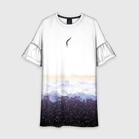 Детское платье 3D с принтом Прыжок в небо в Тюмени, 100% полиэстер | прямой силуэт, чуть расширенный к низу. Круглая горловина, на рукавах — воланы | Тематика изображения на принте: закат | звёзды | небо | облака | падение | погружение | прыгун | сюр | сюрреализм | человек