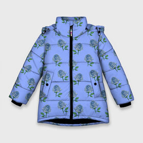 Зимняя куртка для девочек 3D с принтом Розы на голубом фоне в Тюмени, ткань верха — 100% полиэстер; подклад — 100% полиэстер, утеплитель — 100% полиэстер. | длина ниже бедра, удлиненная спинка, воротник стойка и отстегивающийся капюшон. Есть боковые карманы с листочкой на кнопках, утяжки по низу изделия и внутренний карман на молнии. 

Предусмотрены светоотражающий принт на спинке, радужный светоотражающий элемент на пуллере молнии и на резинке для утяжки. | 8 марта | flowers | march 8 | spring | ботаническая иллюстрация | весна | день рождения | зеленый | лето | любовь | праздник | принт | природа | растения | розы | цветы