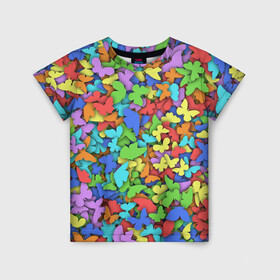 Детская футболка 3D с принтом Разноцветные бабочки в Тюмени, 100% гипоаллергенный полиэфир | прямой крой, круглый вырез горловины, длина до линии бедер, чуть спущенное плечо, ткань немного тянется | 8 марта | бабочка | мотылёк | мотыльки | насекомые | паттерн | радуга