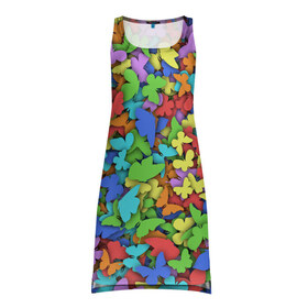 Платье-майка 3D с принтом Разноцветные бабочки в Тюмени, 100% полиэстер | полуприлегающий силуэт, широкие бретели, круглый вырез горловины, удлиненный подол сзади. | 8 марта | бабочка | мотылёк | мотыльки | насекомые | паттерн | радуга
