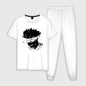 Мужская пижама хлопок с принтом JUJUTSU KAISEN граффити в Тюмени, 100% хлопок | брюки и футболка прямого кроя, без карманов, на брюках мягкая резинка на поясе и по низу штанин
 | Тематика изображения на принте: anime | boy | gg | gojou | jujutsu | kaisen | kun | mag | satoru | superhero | аниме | белое | битва | гг | глаза | глазах | годзё | капли | краски | кун | лицо | маг | магическая | на | персонаж | персонажа | повязка | сатору