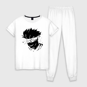 Женская пижама хлопок с принтом JUJUTSU KAISEN граффити в Тюмени, 100% хлопок | брюки и футболка прямого кроя, без карманов, на брюках мягкая резинка на поясе и по низу штанин | anime | boy | gg | gojou | jujutsu | kaisen | kun | mag | satoru | superhero | аниме | белое | битва | гг | глаза | глазах | годзё | капли | краски | кун | лицо | маг | магическая | на | персонаж | персонажа | повязка | сатору