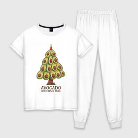 Женская пижама хлопок с принтом Avocado Christmas Tree в Тюмени, 100% хлопок | брюки и футболка прямого кроя, без карманов, на брюках мягкая резинка на поясе и по низу штанин | Тематика изображения на принте: claus | cute | nature | new year | santa | tree | авокадо | адвокадо | дед мороз | дед отмороз | ёлка | ель | из авокадо | колпак | косточка | милота | милые авокадо | новый год | прикол | природа | рождественское дерево
