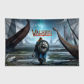 Флаг-баннер с принтом Valheim в Тюмени, 100% полиэстер | размер 67 х 109 см, плотность ткани — 95 г/м2; по краям флага есть четыре люверса для крепления | Тематика изображения на принте: fantasy | mmo | normanni | valheim | valve | viking | vikingar | vikingene | vikinger | vikings | валхейм | вальгалла | вальх | вальхалла | вальхейм | варяги | викинг | викинги | выживалка | игра | королевская битва | ммо | норман | рагнарек | р