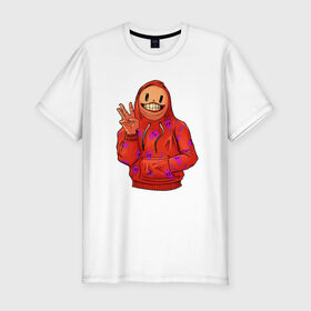 Мужская футболка хлопок Slim с принтом Арт пакман в Тюмени, 92% хлопок, 8% лайкра | приталенный силуэт, круглый вырез ворота, длина до линии бедра, короткий рукав | Тематика изображения на принте: арт | оранжевый | пакман | парень | три | человек