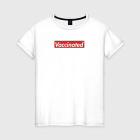 Женская футболка хлопок с принтом Vaccinated в Тюмени, 100% хлопок | прямой крой, круглый вырез горловины, длина до линии бедер, слегка спущенное плечо | covid 19 | вакцина | вакцинация | ковид 19 | коронавирус | спасибо науке