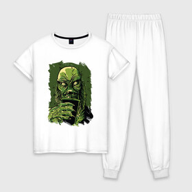 Женская пижама хлопок с принтом Болотный монстр с коктейлем в Тюмени, 100% хлопок | брюки и футболка прямого кроя, без карманов, на брюках мягкая резинка на поясе и по низу штанин | 666 | astral | beast | bloody | creep | evil dead | funny | halloween | horror merch | milk shake | milkshake | monster | pinhead | scream | swamp | terror noise | астрал | болото | герои ужаса | молочный коктейль | прикол | трубочка | ужасы | 