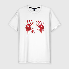 Мужская футболка хлопок Slim с принтом Кровавые отпечатки рук в Тюмени, 92% хлопок, 8% лайкра | приталенный силуэт, круглый вырез ворота, длина до линии бедра, короткий рукав | blood | bloody | creep | creepy | death | halloween | hand | hands | horror | kill | merch | murded | spooky | victim | жертва | капли | кровь | мерч | пятна | пятно | руки | след | следы | ужас | ужасы | ужасы мерч | хорро