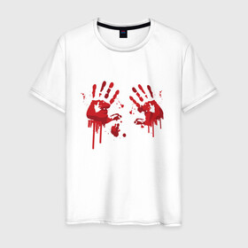 Мужская футболка хлопок с принтом Кровавые отпечатки рук в Тюмени, 100% хлопок | прямой крой, круглый вырез горловины, длина до линии бедер, слегка спущенное плечо. | blood | bloody | creep | creepy | death | halloween | hand | hands | horror | kill | merch | murded | spooky | victim | жертва | капли | кровь | мерч | пятна | пятно | руки | след | следы | ужас | ужасы | ужасы мерч | хорро