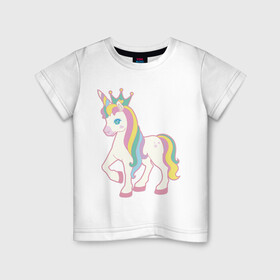 Детская футболка хлопок с принтом единорог корона лошадка в Тюмени, 100% хлопок | круглый вырез горловины, полуприлегающий силуэт, длина до линии бедер | герой | грива | детский | добрый | единорог | звездочки | конь | корона | лошадка | лошадь | персонаж | пони | радуга | радужный | рисунок | хвост