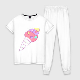 Женская пижама хлопок с принтом мороженое рожок звездочки в Тюмени, 100% хлопок | брюки и футболка прямого кроя, без карманов, на брюках мягкая резинка на поясе и по низу штанин | вкусняшки | детский | еда | звездочки | мороженое | мультяшный | рожок | сладости