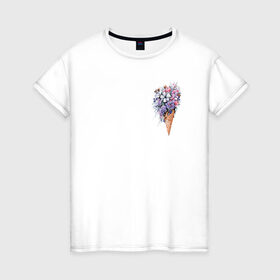 Женская футболка хлопок с принтом Цветочное мороженое в Тюмени, 100% хлопок | прямой крой, круглый вырез горловины, длина до линии бедер, слегка спущенное плечо | Тематика изображения на принте: flo | flowers | растения | флористика | цветение | цветы
