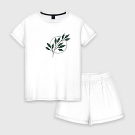 Женская пижама с шортиками хлопок с принтом Leaves в Тюмени, 100% хлопок | футболка прямого кроя, шорты свободные с широкой мягкой резинкой | flo | flowers | растения | флористика | цветение | цветы