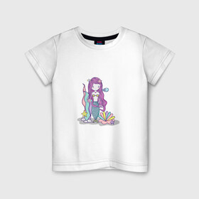 Детская футболка хлопок с принтом русалка в Тюмени, 100% хлопок | круглый вырез горловины, полуприлегающий силуэт, длина до линии бедер | водросли | жемчужина | океан | ракушка | русалка