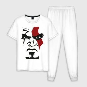 Мужская пижама хлопок с принтом Кратос - Бог войны - Kratos в Тюмени, 100% хлопок | брюки и футболка прямого кроя, без карманов, на брюках мягкая резинка на поясе и по низу штанин
 | game | god of war | kratos | бог войны | злость | игра | контуры | кратос | лицо