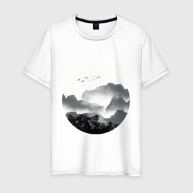Мужская футболка хлопок с принтом Абстрактная природа в Тюмени, 100% хлопок | прямой крой, круглый вырез горловины, длина до линии бедер, слегка спущенное плечо. | абстракция | азиатский | арт | минимализм | пейзаж | природа | рисунок | хипстер | японский