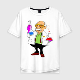 Мужская футболка хлопок Oversize с принтом Ученый химик колбы в Тюмени, 100% хлопок | свободный крой, круглый ворот, “спинка” длиннее передней части | биолог | дедуля | дедушка | колбы | лаборант | очки | перчатки | профессор | умник | ученый | халат | химик