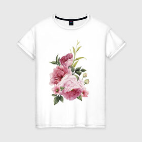 Женская футболка хлопок с принтом Акварельные розы в Тюмени, 100% хлопок | прямой крой, круглый вырез горловины, длина до линии бедер, слегка спущенное плечо | акварель | ботаника | весна | женственность | иллюстрация | нежность | рисунок | розы | цветы