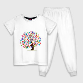 Детская пижама хлопок с принтом Дерево листья ладошка в Тюмени, 100% хлопок |  брюки и футболка прямого кроя, без карманов, на брюках мягкая резинка на поясе и по низу штанин
 | дерево | детский | ладошки | листья | мир | отпечатки | природа | рисунок | руки | символ