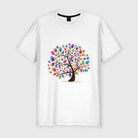 Мужская футболка хлопок Slim с принтом Дерево листья ладошка в Тюмени, 92% хлопок, 8% лайкра | приталенный силуэт, круглый вырез ворота, длина до линии бедра, короткий рукав | дерево | детский | ладошки | листья | мир | отпечатки | природа | рисунок | руки | символ
