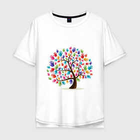 Мужская футболка хлопок Oversize с принтом Дерево листья ладошка в Тюмени, 100% хлопок | свободный крой, круглый ворот, “спинка” длиннее передней части | дерево | детский | ладошки | листья | мир | отпечатки | природа | рисунок | руки | символ