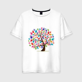 Женская футболка хлопок Oversize с принтом Дерево листья ладошка в Тюмени, 100% хлопок | свободный крой, круглый ворот, спущенный рукав, длина до линии бедер
 | дерево | детский | ладошки | листья | мир | отпечатки | природа | рисунок | руки | символ