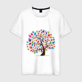Мужская футболка хлопок с принтом Дерево листья ладошка в Тюмени, 100% хлопок | прямой крой, круглый вырез горловины, длина до линии бедер, слегка спущенное плечо. | дерево | детский | ладошки | листья | мир | отпечатки | природа | рисунок | руки | символ