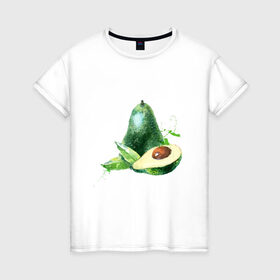 Женская футболка хлопок с принтом акварельное авокадо в Тюмени, 100% хлопок | прямой крой, круглый вырез горловины, длина до линии бедер, слегка спущенное плечо | авокадо | акварель | брызги | веган | вегетарианец | здоровье | зож | правильное питание | рисунок