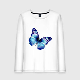 Женский лонгслив хлопок с принтом Синяя бабочка в Тюмени, 100% хлопок |  | бабочка | крылья | мотылек | насекомое | полет | рисунок | синий