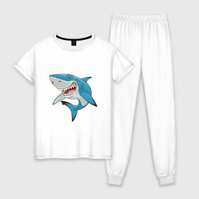 Женская пижама хлопок с принтом акула злая в Тюмени, 100% хлопок | брюки и футболка прямого кроя, без карманов, на брюках мягкая резинка на поясе и по низу штанин | акула | злая | зубы | море | океан | опасность | пасть | природа | рисунок | рыба