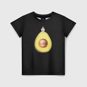 Детская футболка 3D с принтом Космокадо в Тюмени, 100% гипоаллергенный полиэфир | прямой крой, круглый вырез горловины, длина до линии бедер, чуть спущенное плечо, ткань немного тянется | avocado | drift | drifting | fruits | galaxy | milky | moon | planet | plant | ship | space | spaceship | star | suit | to | way | авокадо | галактика | звезда | корабль | космический | космонавт | космос | луна | млечный | планета | путь | растение | ска