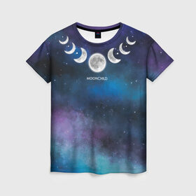 Женская футболка 3D с принтом Moonchild в Тюмени, 100% полиэфир ( синтетическое хлопкоподобное полотно) | прямой крой, круглый вырез горловины, длина до линии бедер | ведьма | волшебство | звезды | колдовство | космос | луна | лунное дитя | лунный цикл | магия | ночь | полная луна | полумесяц | фазы луны