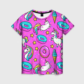 Женская футболка 3D с принтом Единороги с пончиками в Тюмени, 100% полиэфир ( синтетическое хлопкоподобное полотно) | прямой крой, круглый вырез горловины, длина до линии бедер | dab | dab единорог | dabbing unicorn | unicorn | брызги красок | детская | единорог радуга | краски | круги | прикольные картинки | радуга | радужные краски | радужный единорог | утята