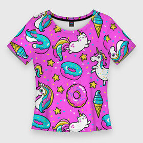 Женская футболка 3D Slim с принтом Единороги с пончиками в Тюмени,  |  | dab | dab единорог | dabbing unicorn | unicorn | брызги красок | детская | единорог радуга | краски | круги | прикольные картинки | радуга | радужные краски | радужный единорог | утята