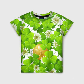 Детская футболка 3D с принтом Ирландский Клевер и Монетка в Тюмени, 100% гипоаллергенный полиэфир | прямой крой, круглый вырез горловины, длина до линии бедер, чуть спущенное плечо, ткань немного тянется | день ирландии | зеленая | зеленый | ирландец | ирландская | ирландский | клевер | монета | патрик | с патриком